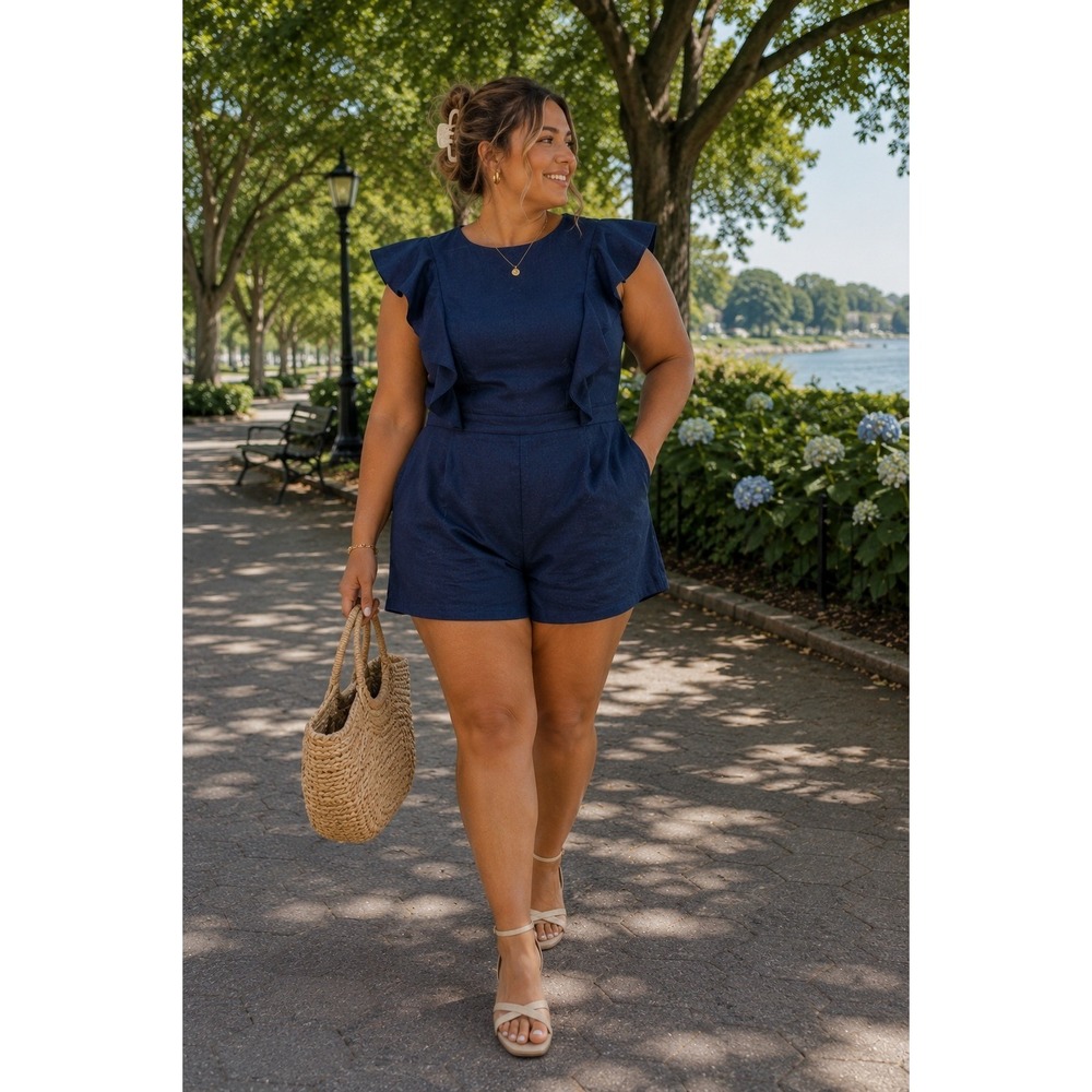 ASOS Navy Blue Linen Blend Ruffle Sleeveless Romper Size US 14 04635384